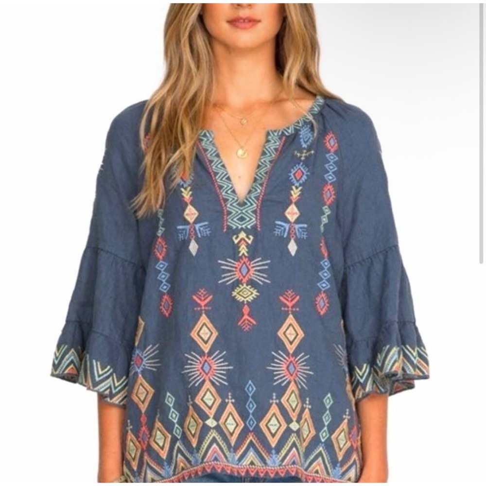 Johnny Was Los Angeles Cerise Tiered Sleeve Tunic Top Blue Boho Bell Sleeve Sz L